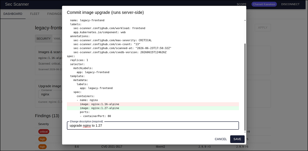 The Sec Scanner tightly integrates with ConfigHub to, for example, invoke a function for upgrading Nginx version. Annotations show gate signal and scan provenance.